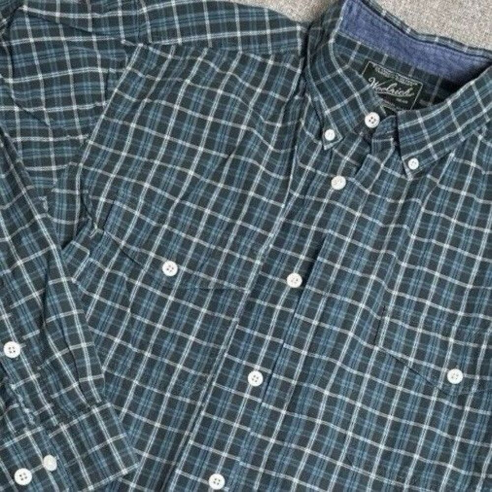 Woolrich Mens Large Shirt Green Blue Plaid Long Sleeve Button Up Cotton Classic